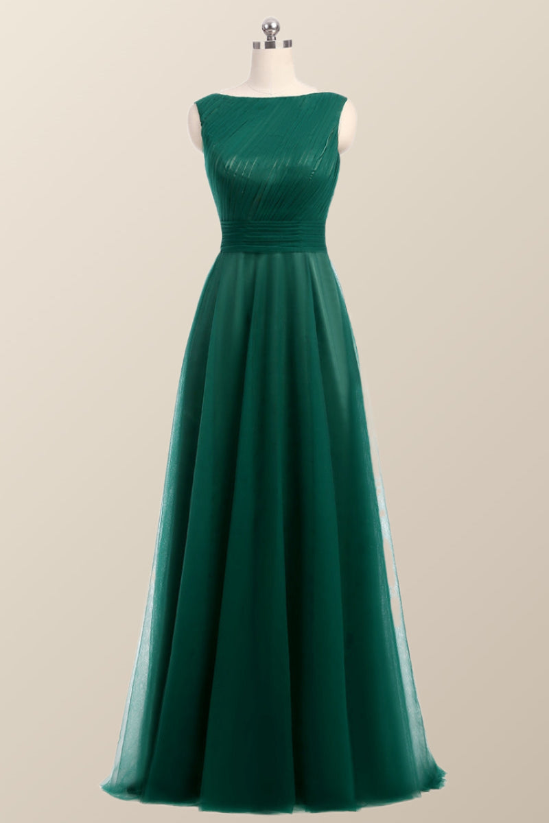 Bateau Green Tulle Long Bridesmaid Dress