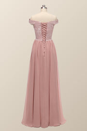 Off the Shoulder Blush Pink Lace and Chiffon Bridesmaid Dress