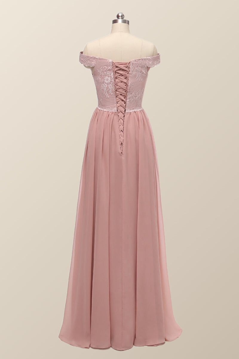 Off the Shoulder Blush Pink Lace and Chiffon Bridesmaid Dress