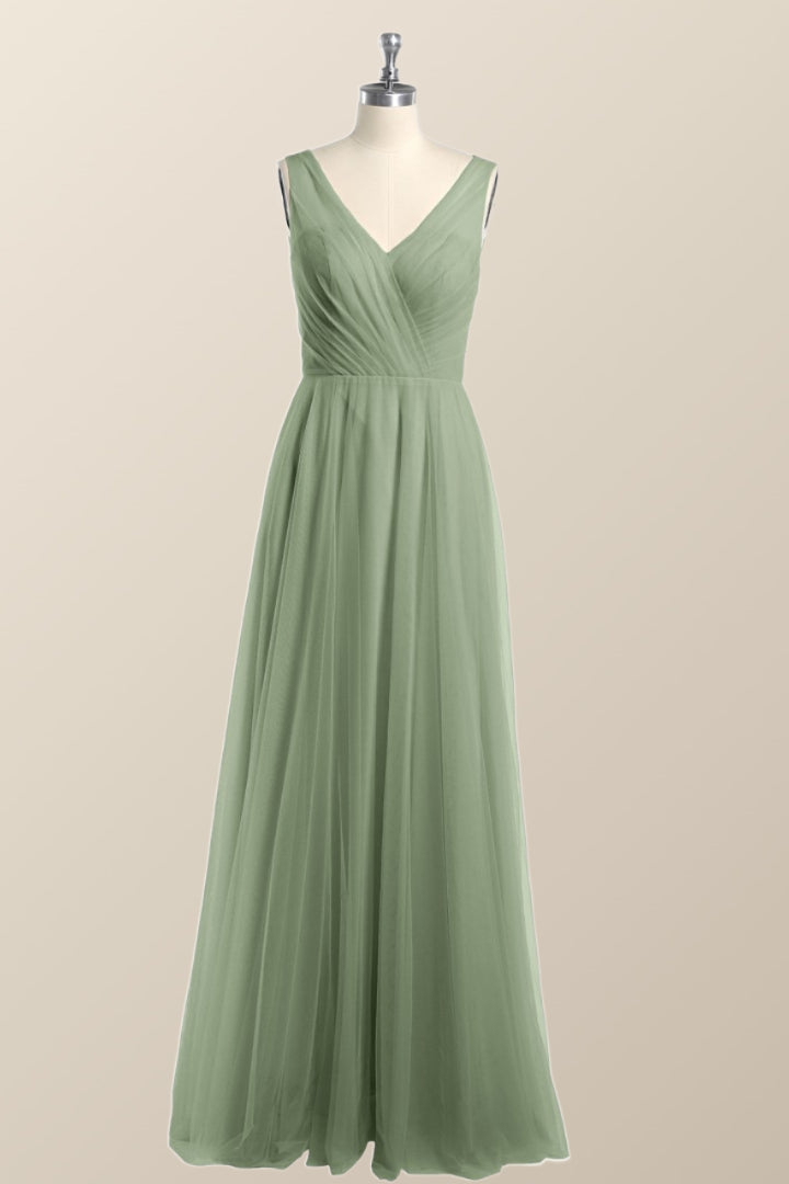 Sage Green V Neck A-line Long Bridesmaid Dress