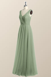Sage Green V Neck A-line Long Bridesmaid Dress