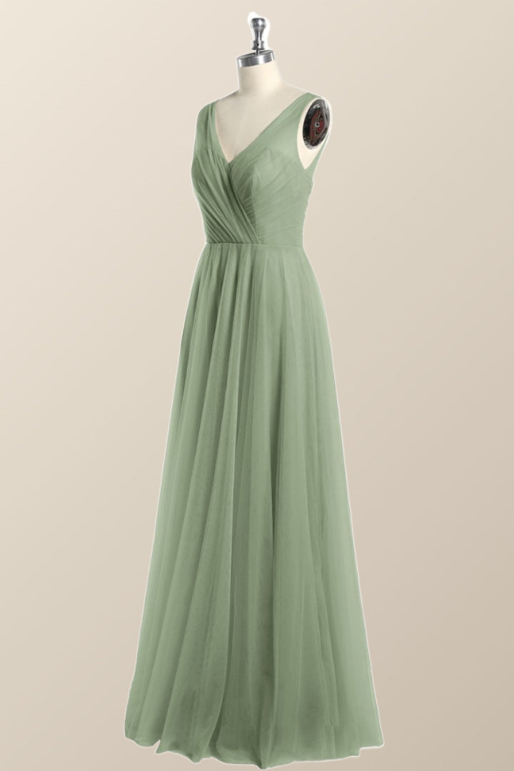 Sage Green V Neck A-line Long Bridesmaid Dress