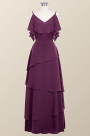 Straps Grape Chiffon Tiered Ruffle Bridesmaid Dress