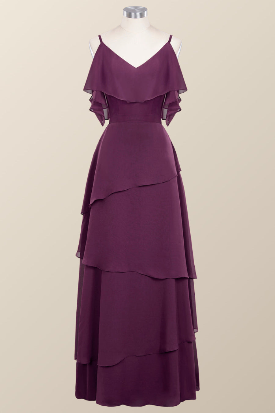 Straps Grape Chiffon Tiered Ruffle Bridesmaid Dress