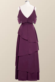 Straps Grape Chiffon Tiered Ruffle Bridesmaid Dress