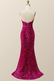 Strapless Fuchsia Sequin Mermaid Long Formal Dress