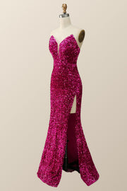Strapless Fuchsia Sequin Mermaid Long Formal Dress