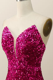 Strapless Fuchsia Sequin Mermaid Long Formal Dress