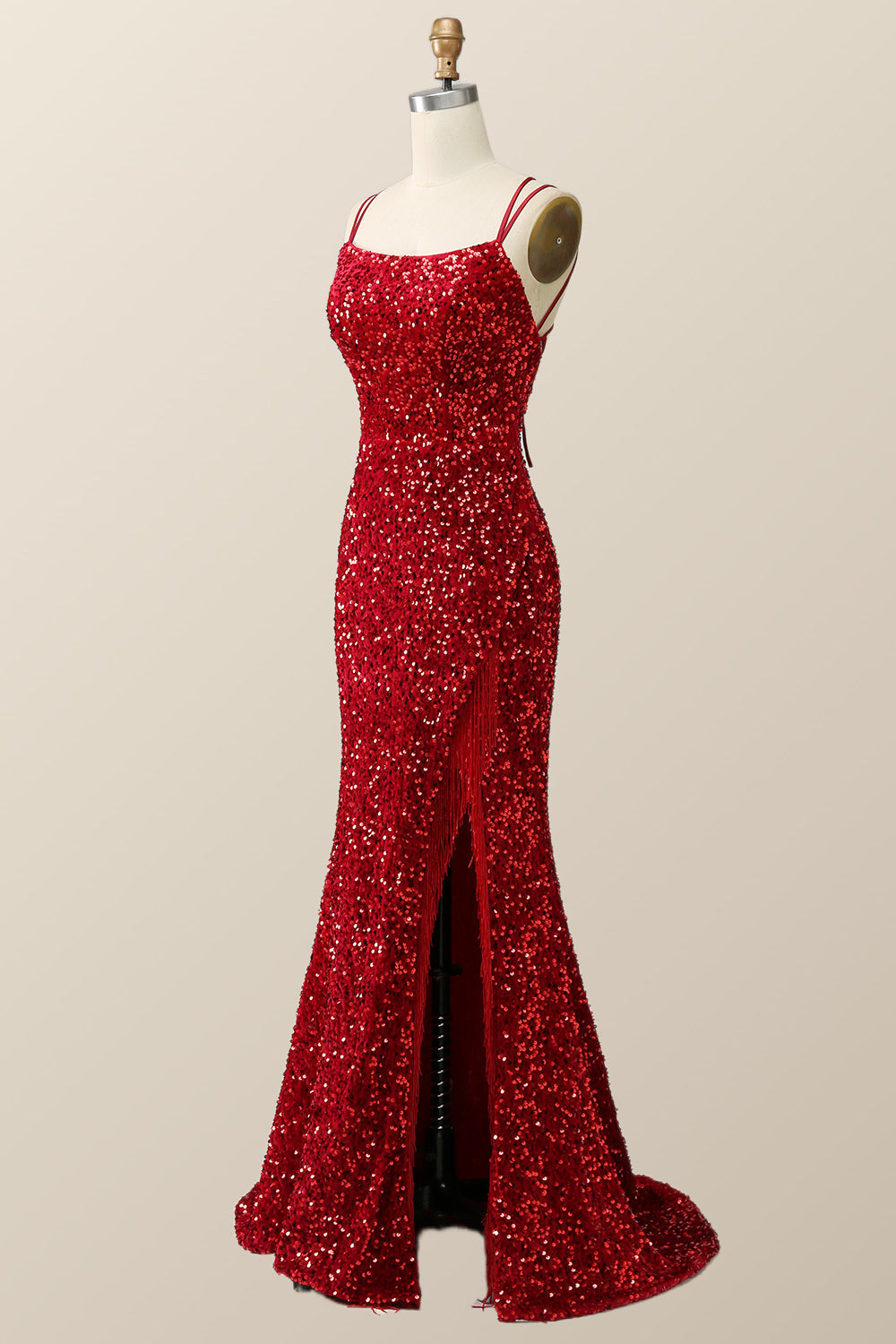 Double Straps Red Sequin Mermaid Long Prom Dress