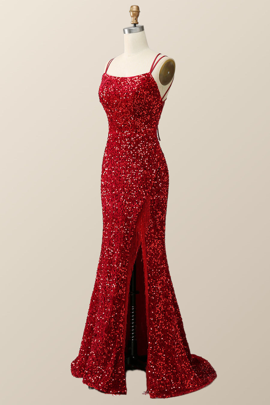 Double Straps Red Sequin Mermaid Long Prom Dress