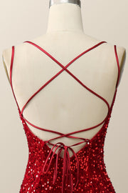 Double Straps Red Sequin Mermaid Long Prom Dress