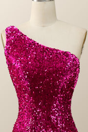 Fuchsia Sequin One Shoulder Mermaid Long Formal Dress