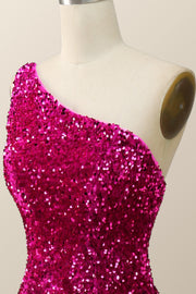 Fuchsia Sequin One Shoulder Mermaid Long Formal Dress