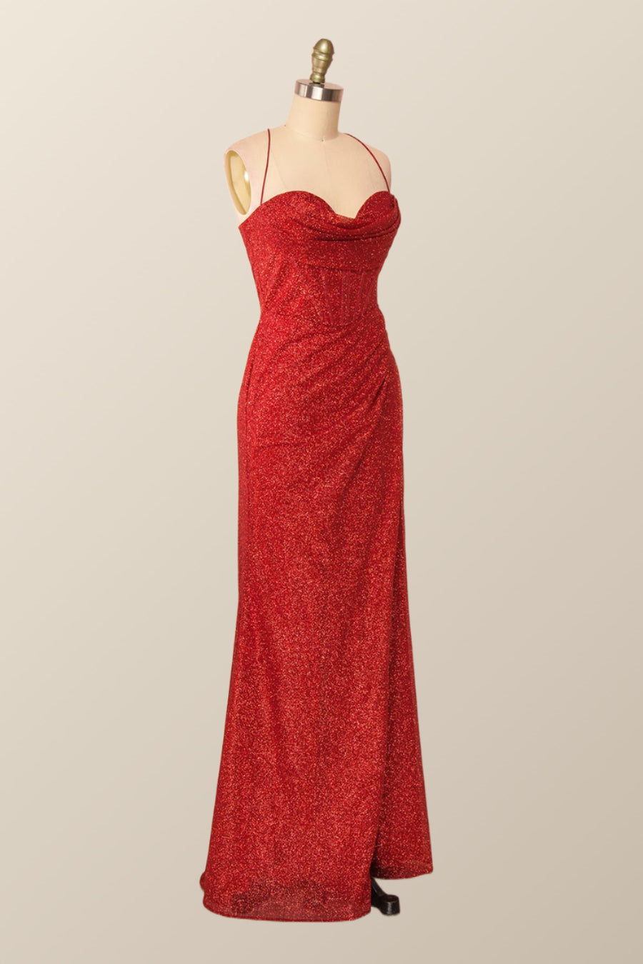 Fitted Red Cowl Neck Long Party Dress with Slit