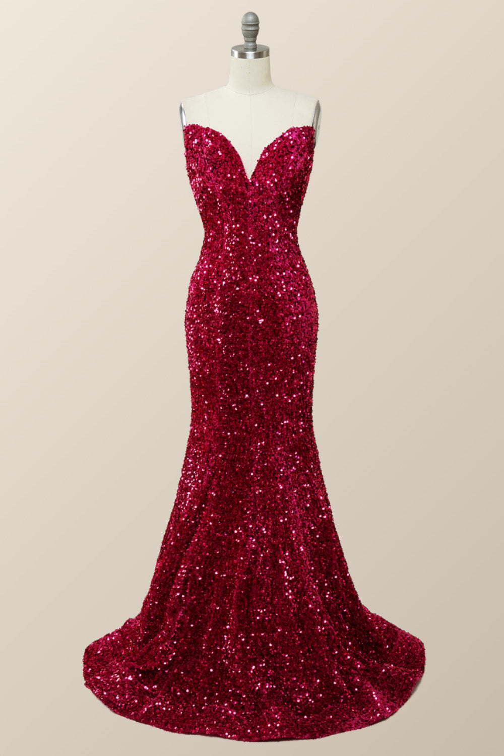 Strapless V Neck Fuchsia Sequin Mermaid Party Dress