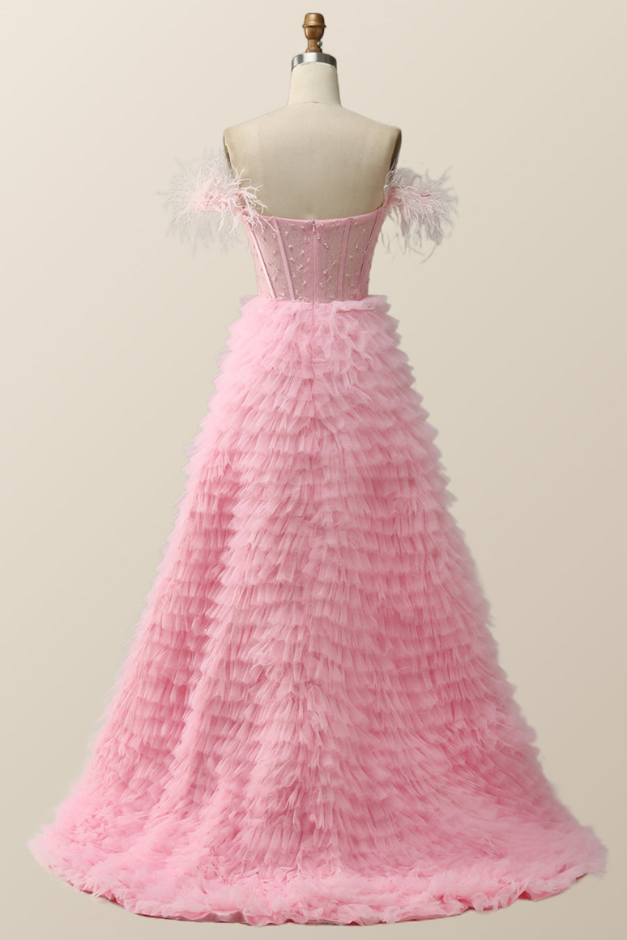 Off the Shoulder Pink Tiered Layers Long Formal Gown