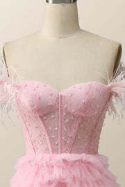 Off the Shoulder Pink Tiered Layers Long Formal Gown