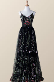 Black Floral V Neck Long Formal Dress