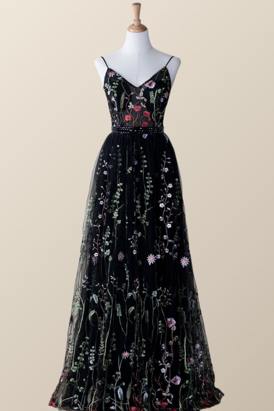 Black Floral V Neck Long Formal Dress