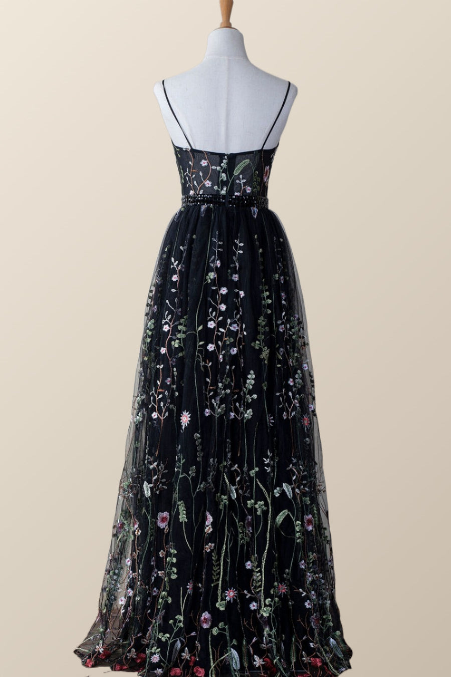 Black Floral V Neck Long Formal Dress