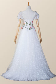White Floral Corset Cap Sleeves Long Formal Gown