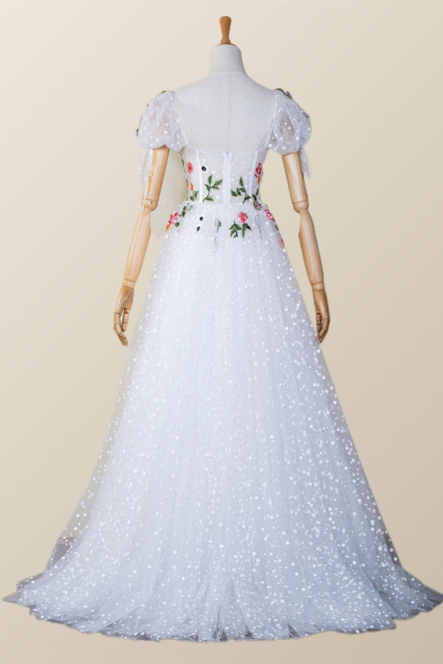 White Floral Corset Cap Sleeves Long Formal Gown