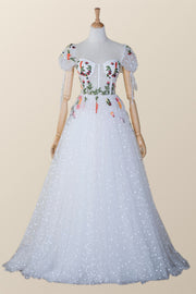White Floral Corset Cap Sleeves Long Formal Gown