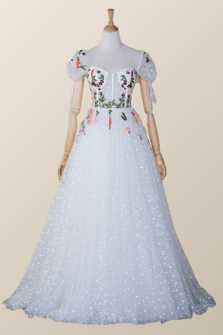 White Floral Corset Cap Sleeves Long Formal Gown