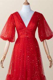 Red Puffy Sleeves Glitters Tea Length Dress