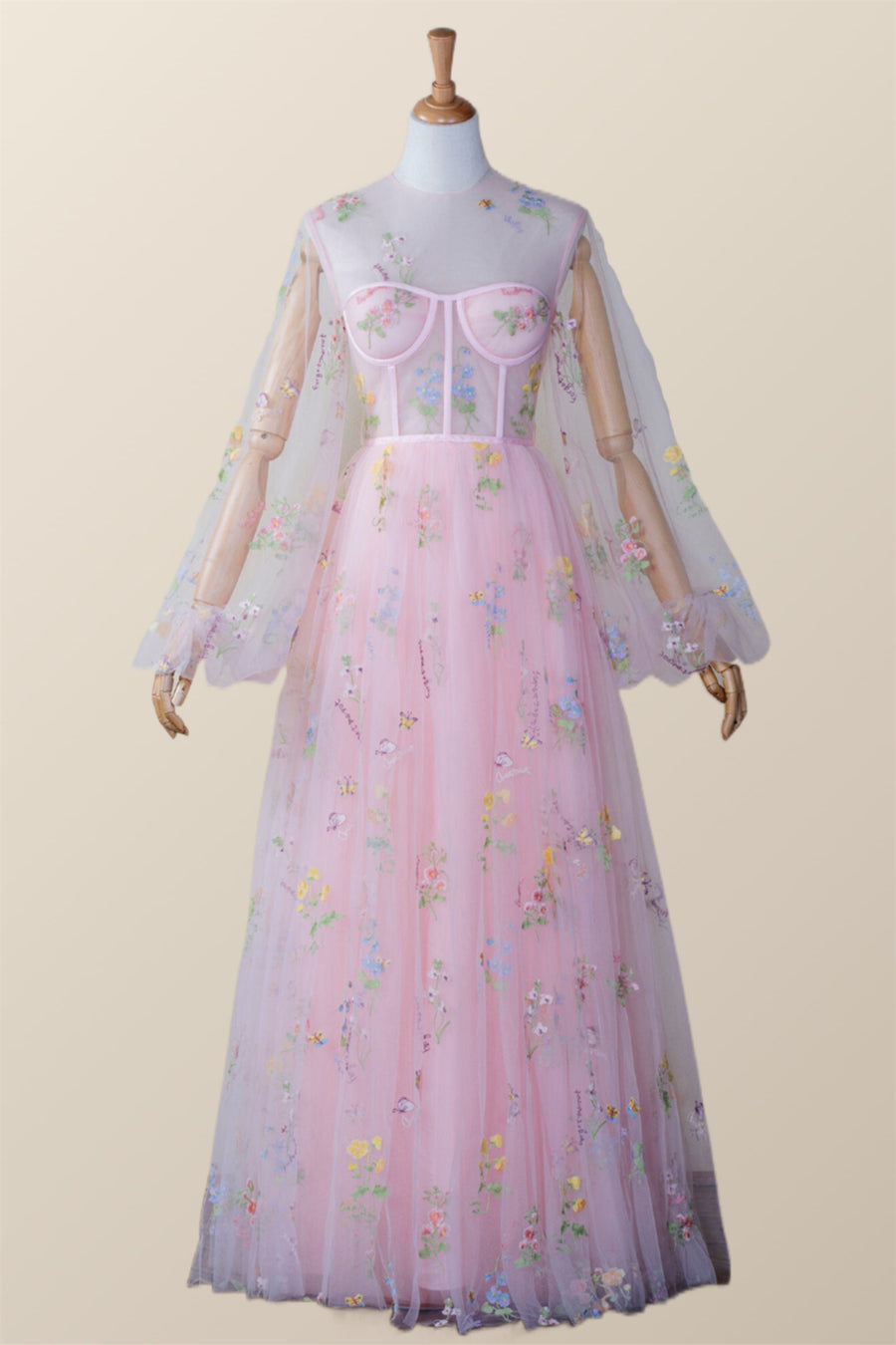 Scoop Pink Floral Tulle Ankle Length Dress