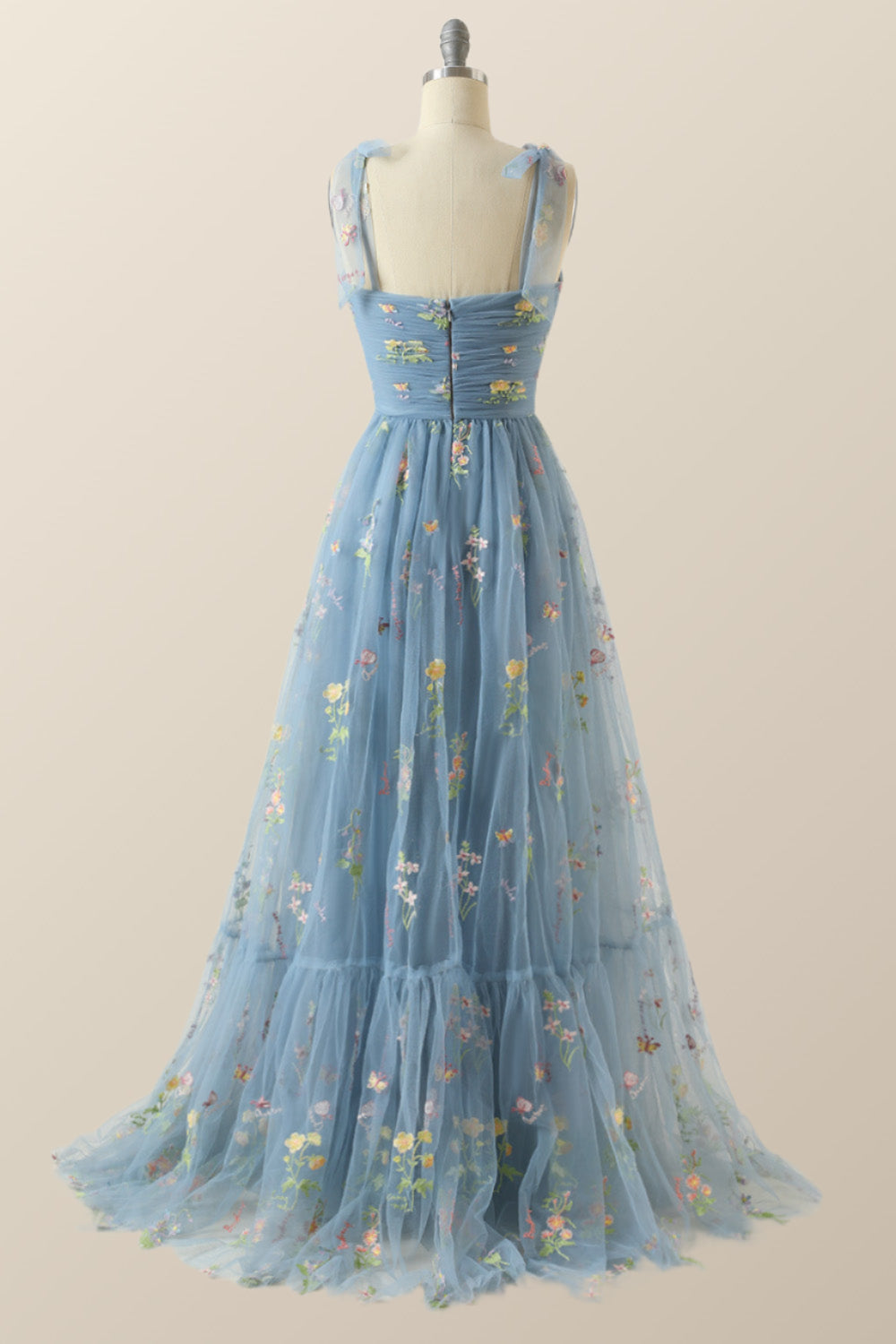 Blue A-line Embroidered Long Formal Gown
