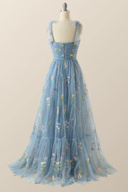 Blue A-line Embroidered Long Formal Gown