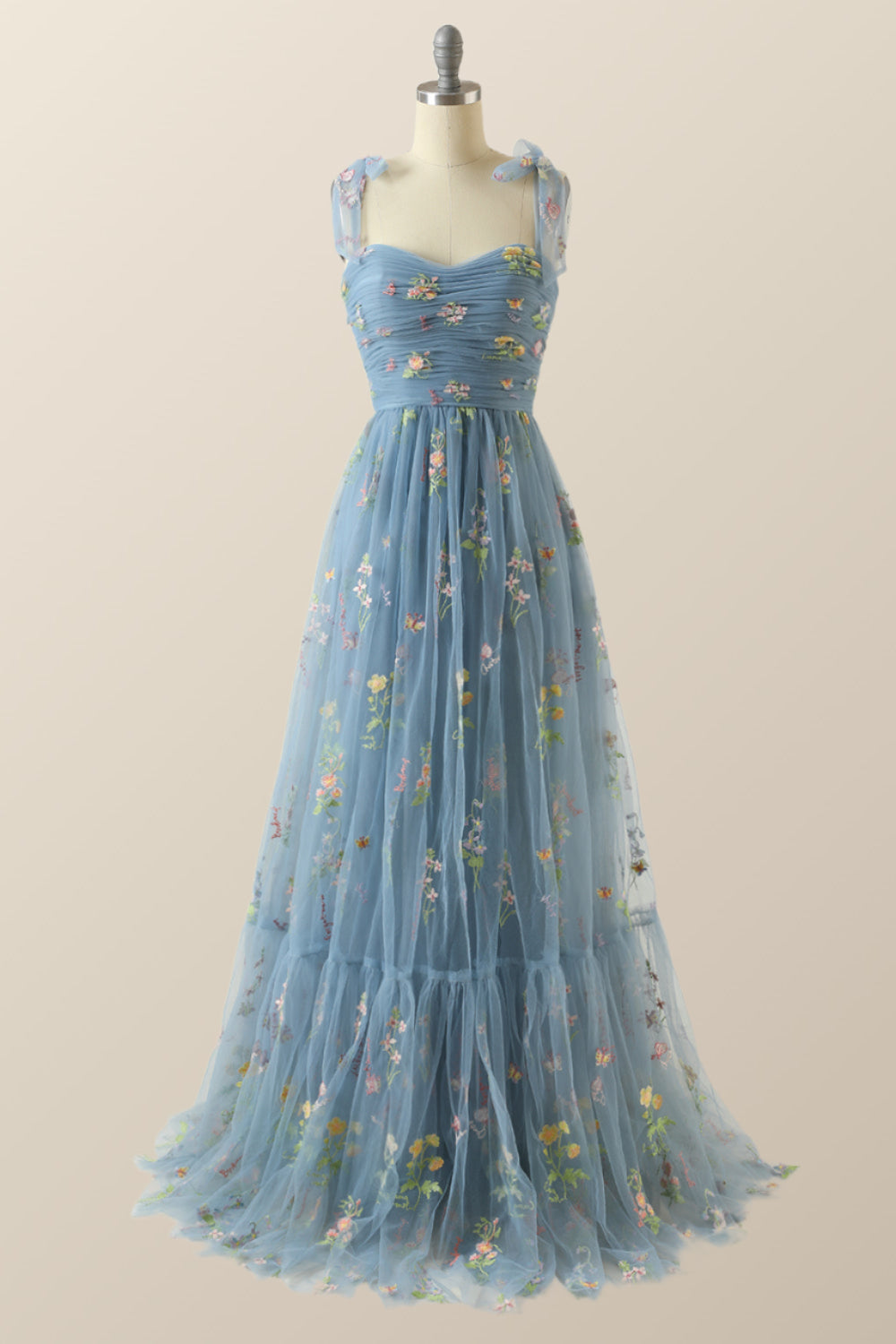 Blue A-line Embroidered Long Formal Gown