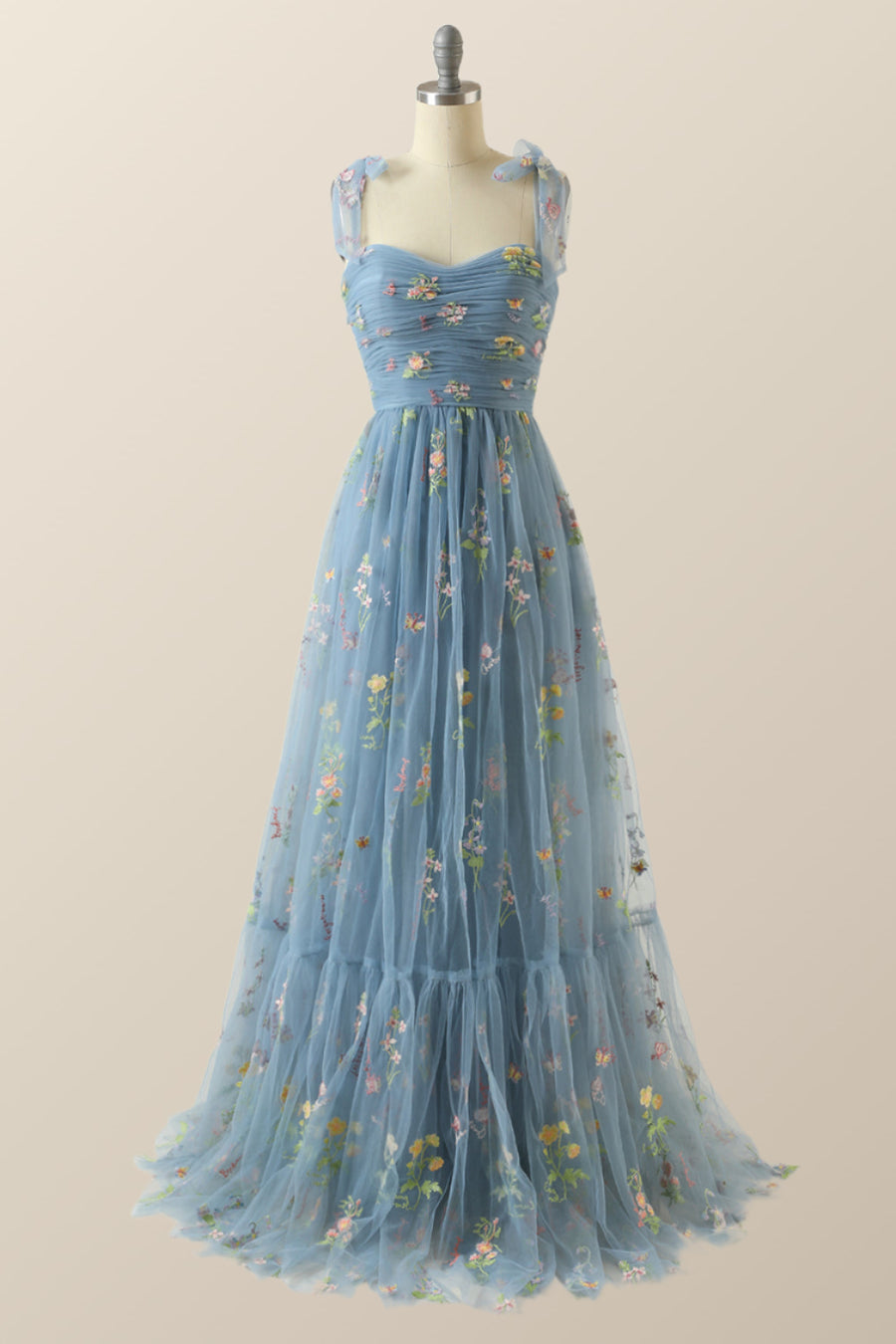 Blue A-line Embroidered Long Formal Gown