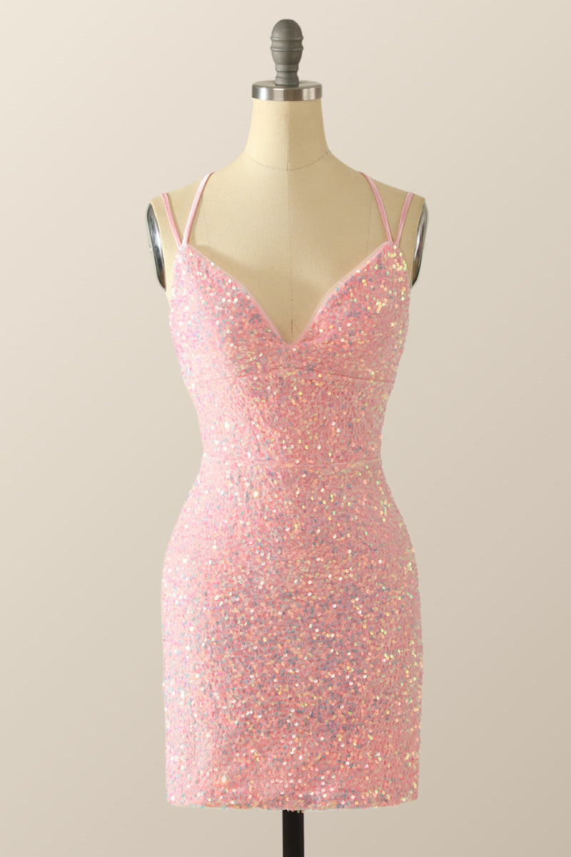 glitter pink bodycon dress Double Straps Sequin Mini – Ohmollydress pink homecoming dress tight
