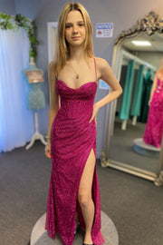 Fitted Red Cowl Neck Long Party Dress with Slit