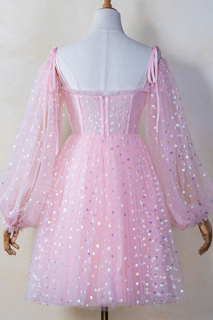 Pink Coset Short Dress with Puffy Sleeves Ohmollydress Pink Coset Short Dress with Puffy Sleeves Ohmollydress