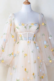 Puffy Long Sleeves Yellow Floral Embroidered Dress