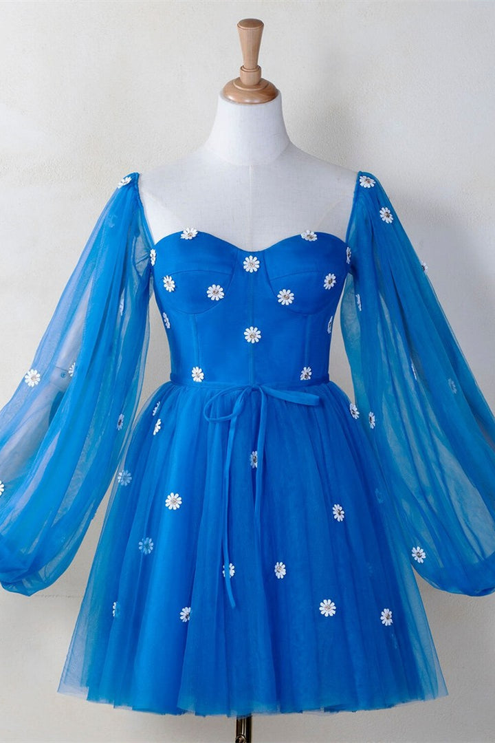 Daisy Embroiderd Blue Puffy Sleeves Mini Dress Ohmollydress Daisy Embroiderd Blue Puffy Sleeves Mini Dress Ohmollydress