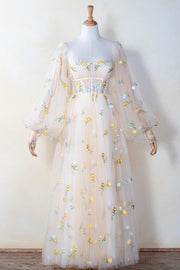 Puffy Long Sleeves Yellow Floral Embroidered Dress