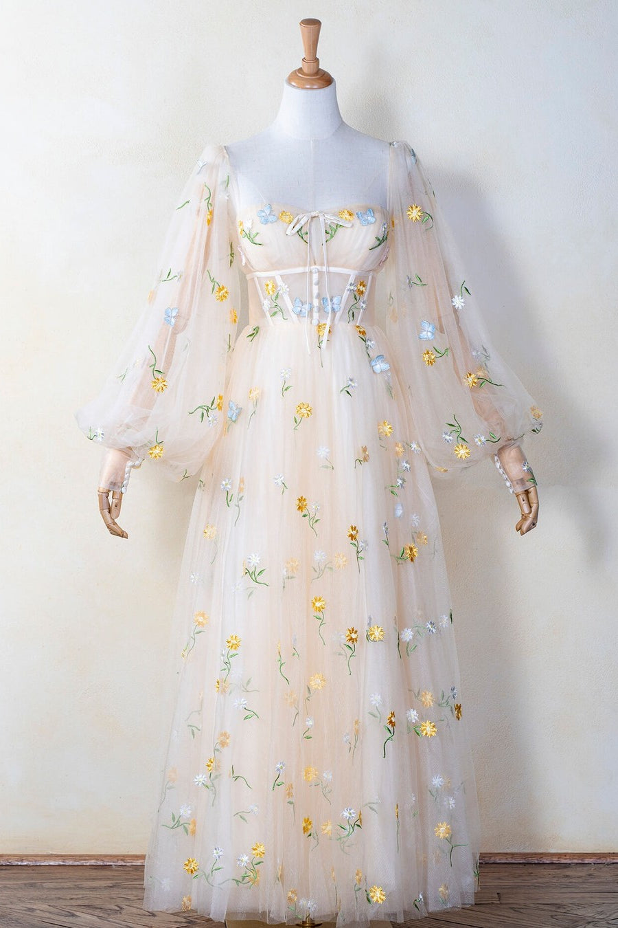 Puffy Long Sleeves Yellow Floral Embroidered Dress
