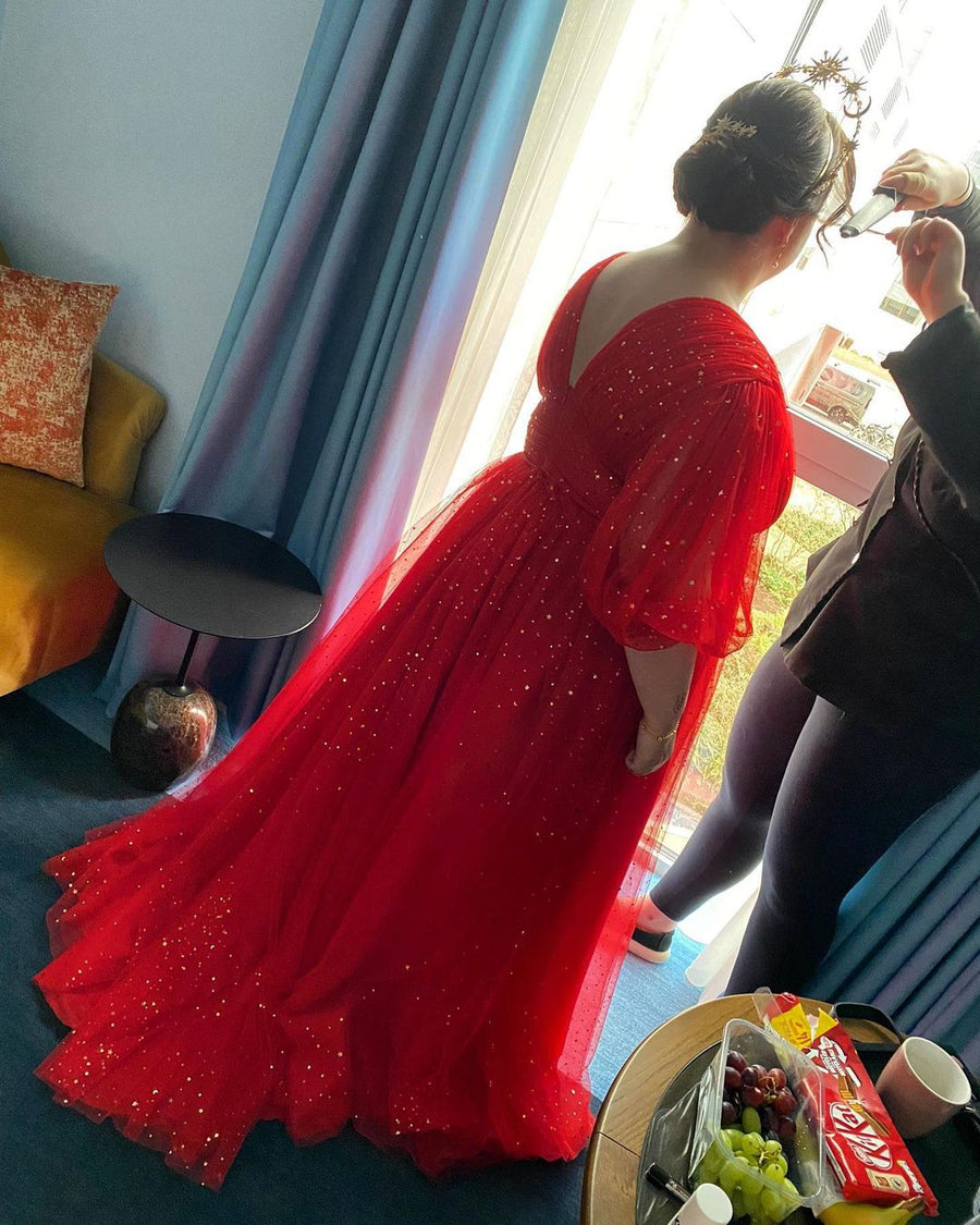 Red Puffy Sleeves Glitters Tea Length Dress