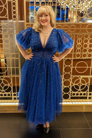 Red Puffy Sleeves Glitters Tea Length Dress