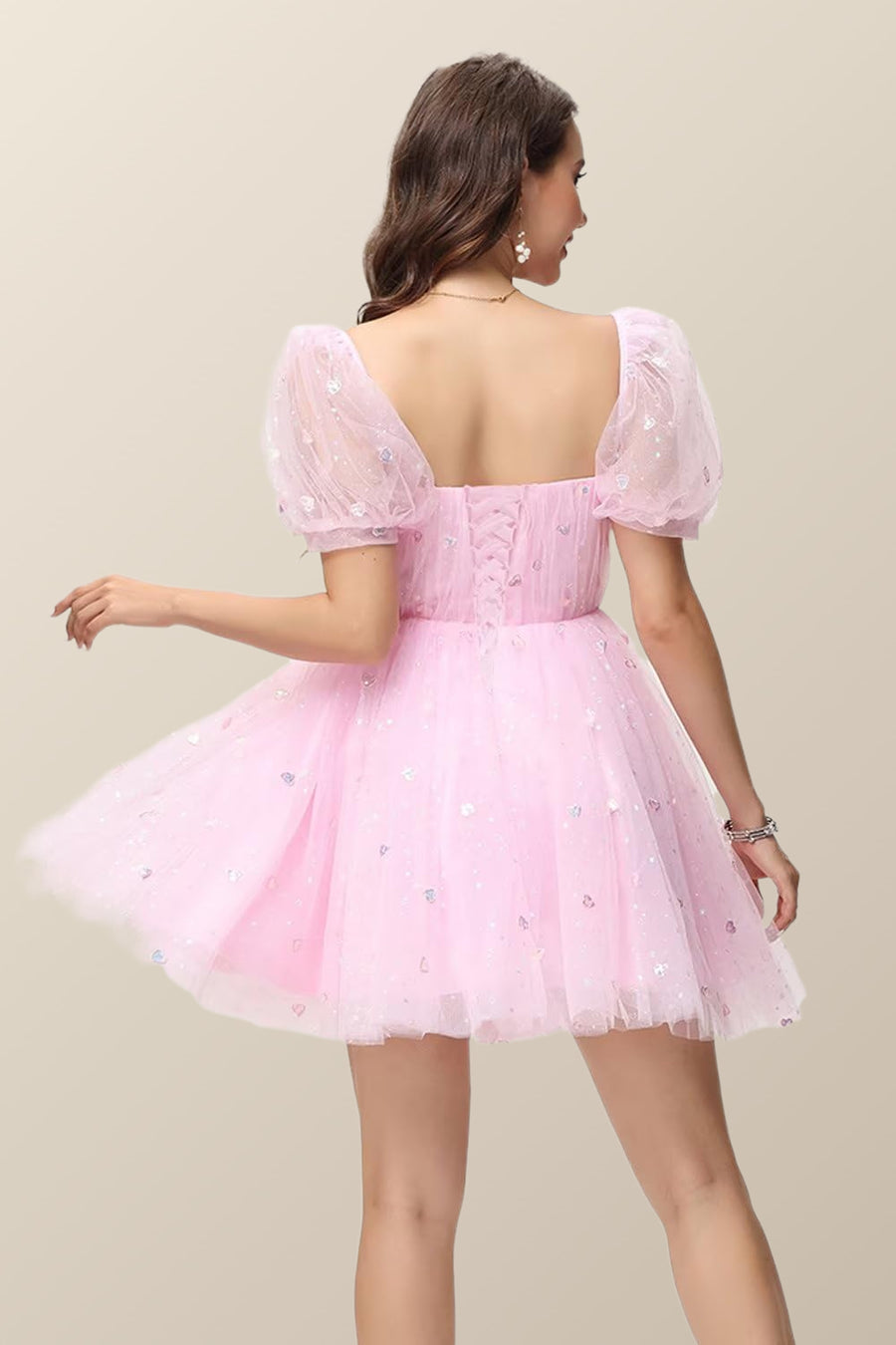 Short Sleeves Pink Tulle A-line Short Dress