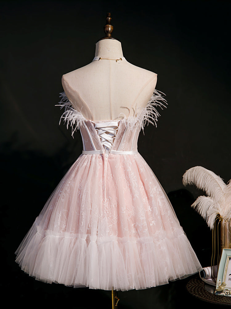 Feather Pink Lace Short A-line Homecoming Dress Ohmollydress Feather Pink Lace Short A-line Homecoming Dress Ohmollydress