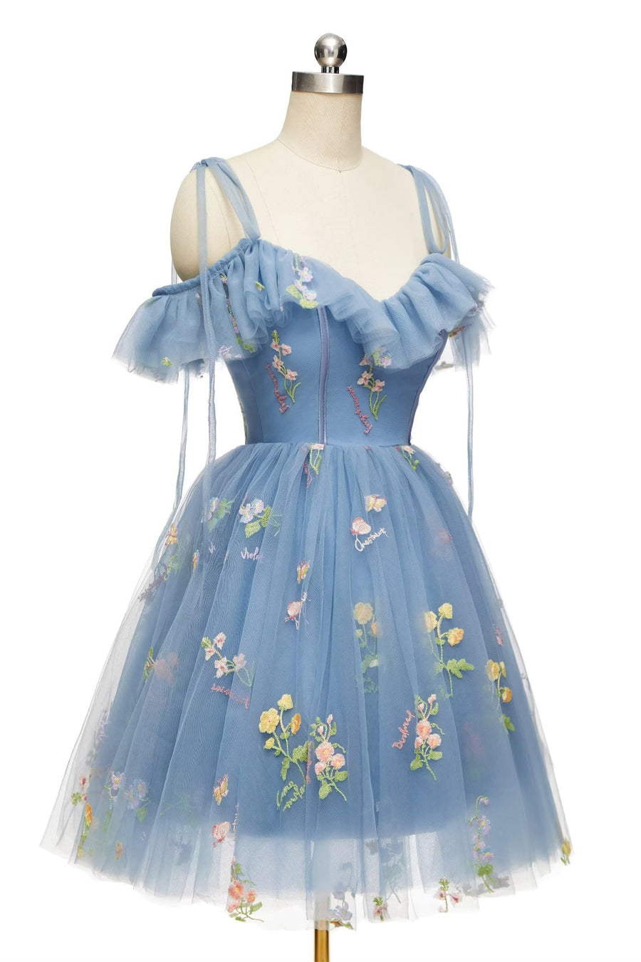 Blue Floral Ruffle A-line Homecoming Dress