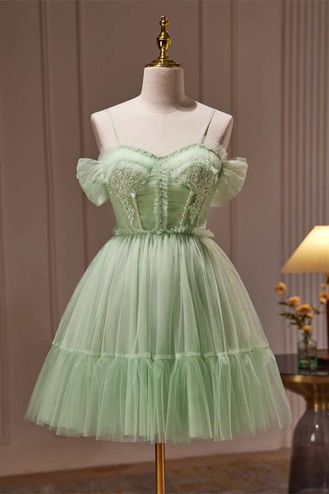 light green homecoming dress short A-Line Off the Shoulder Sage Green Short Homecoming Dress with Appliqu FancyVestido