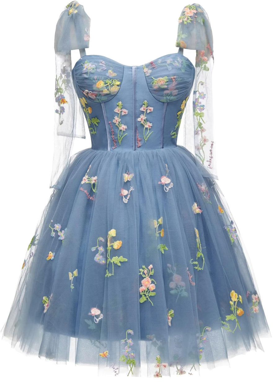 Blue Floral Corset A-line Homecoming Dress with Tie Shoulders Ohmollydress Blue Floral Corset A-line Homecoming Dress with Tie Shoulders Ohmollydress