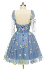 Blue Floral Corset A-line Homecoming Dress with Tie Shoulders