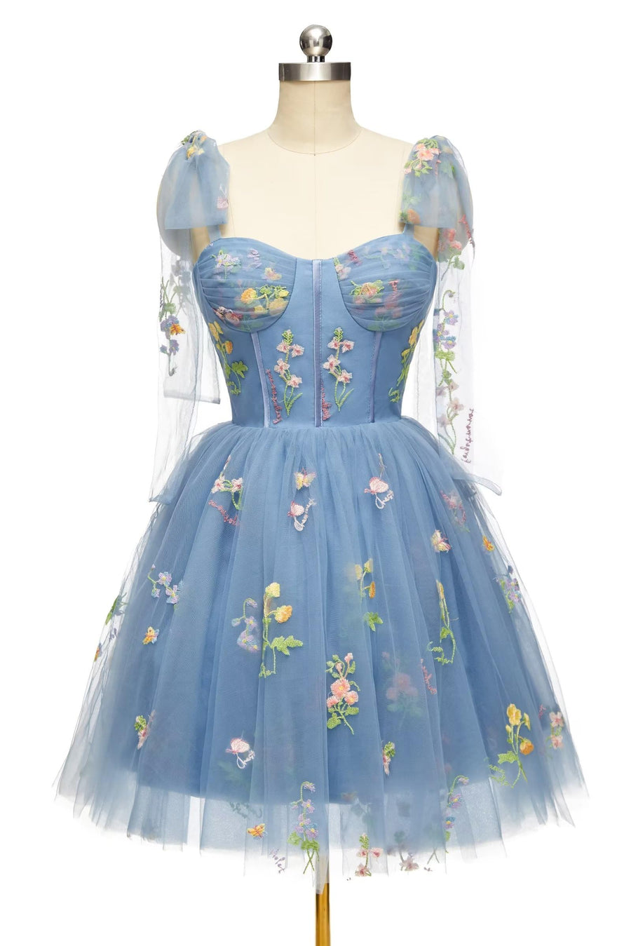 Blue Floral Corset A-line Homecoming Dress with Tie Shoulders Ohmollydress Blue Floral Corset A-line Homecoming Dress with Tie Shoulders Ohmollydress